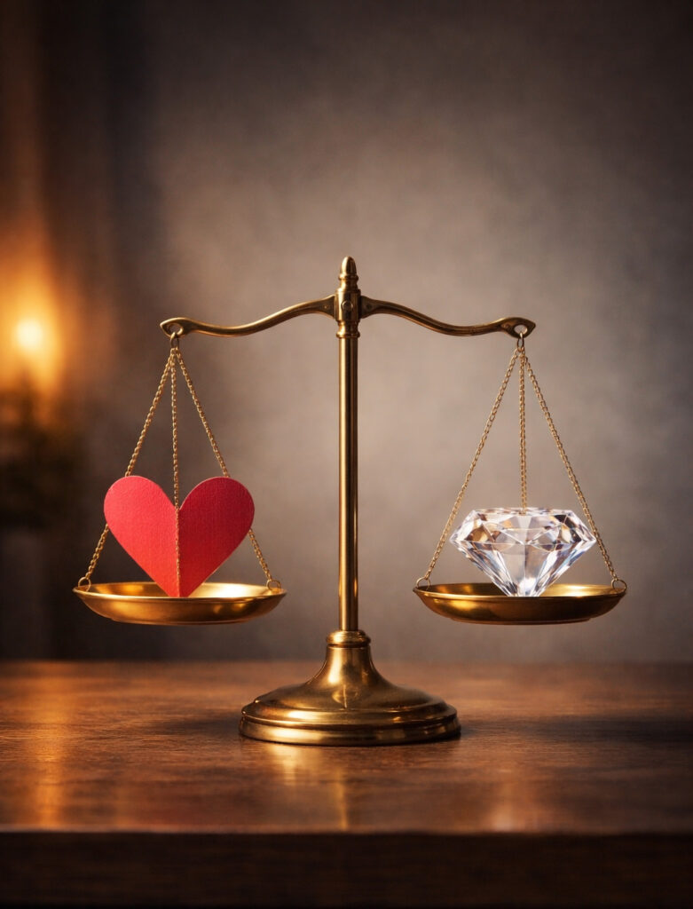 Fotografía conceptual de una balanza: en un plato hay un corazón de papel rojo y en el otro un diamante brillante, simbolizando el choque entre afecto y monetización.