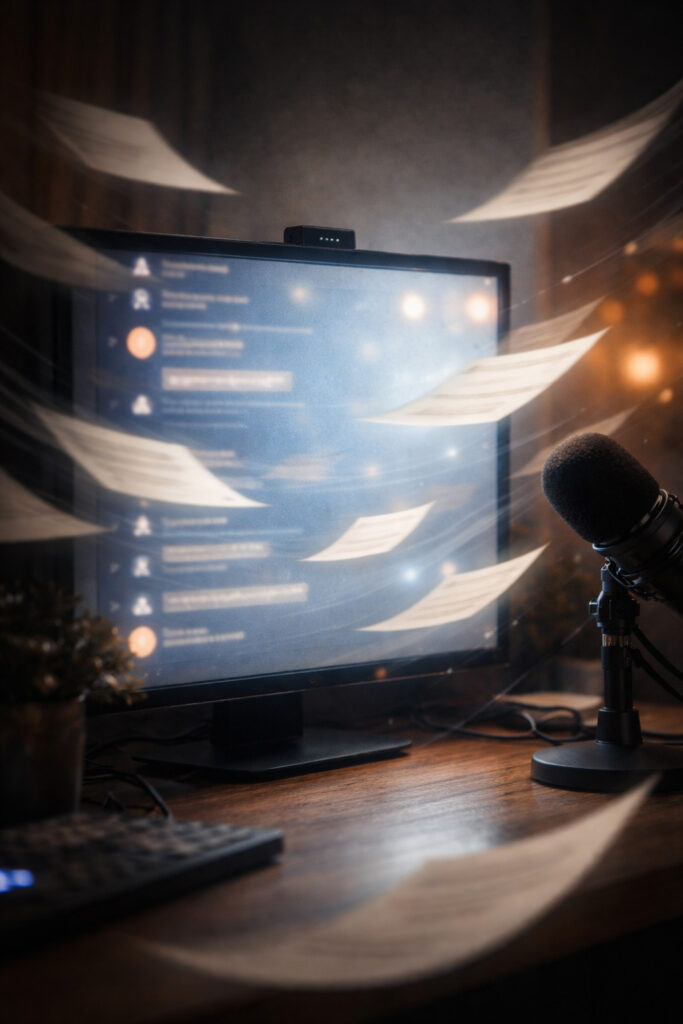 Ilustración editorial: una pantalla iluminada con mensajes borrosos que se desplazan como hojas llevadas por el viento, sugiriendo velocidad y ruido del chat.