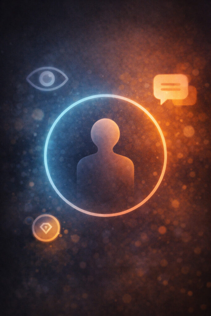 Ilustración minimalista: una figura dentro de un círculo de protección, rodeada por iconos abstractos de presión como un ojo, un chat y una moneda, representando límites y supervivencia.