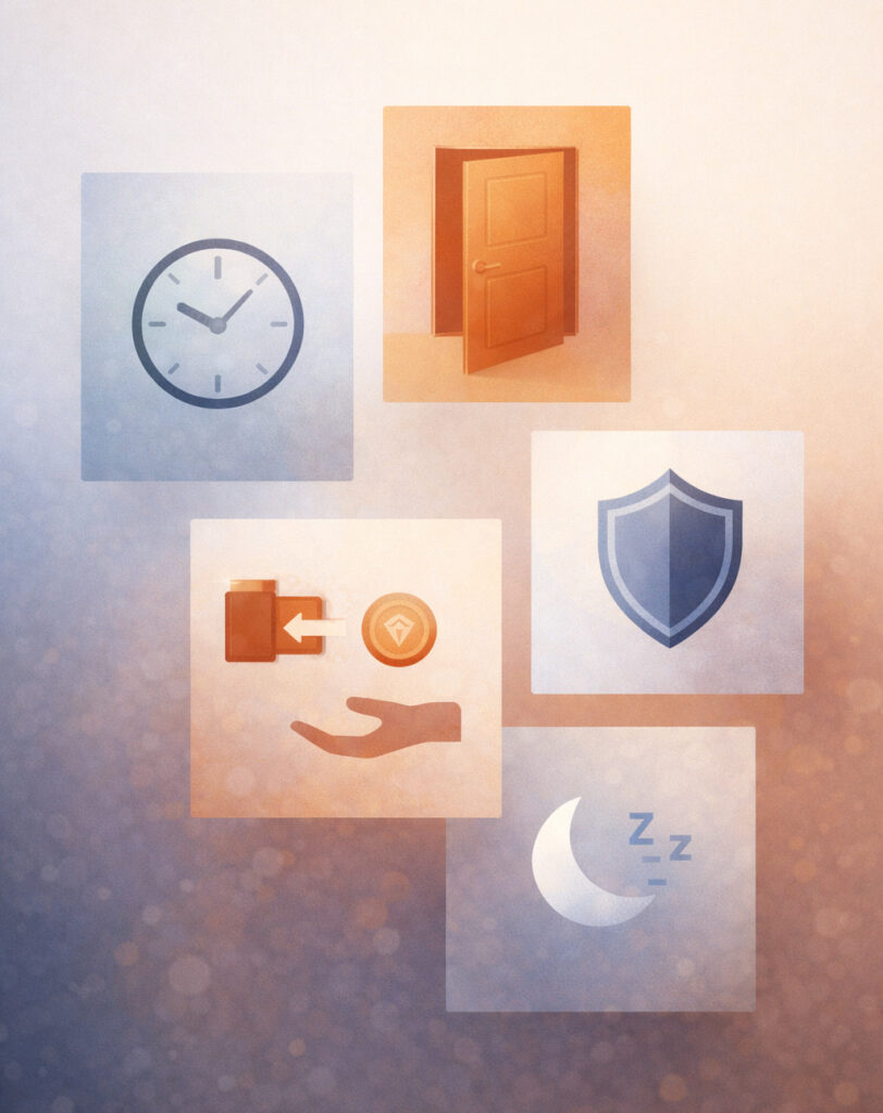 Collage de cinco tarjetas minimalistas con iconos: reloj para horarios, puerta para cierre, escudo para reglas, mano y moneda separadas para límites económicos-emocionales, y luna para descanso sin cámara.