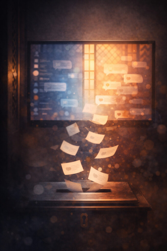 Ilustración simbólica: una pantalla iluminada como confesionario moderno mientras pequeñas notas o mensajes abstractos caen hacia un buzón, sugiriendo carga emocional y compasión.