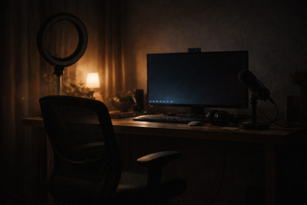 Fotografía cinematográfica de un setup de streaming vacío: silla frente al escritorio, ring light apagado y monitor con brillo residual, transmitiendo silencio tras el directo.