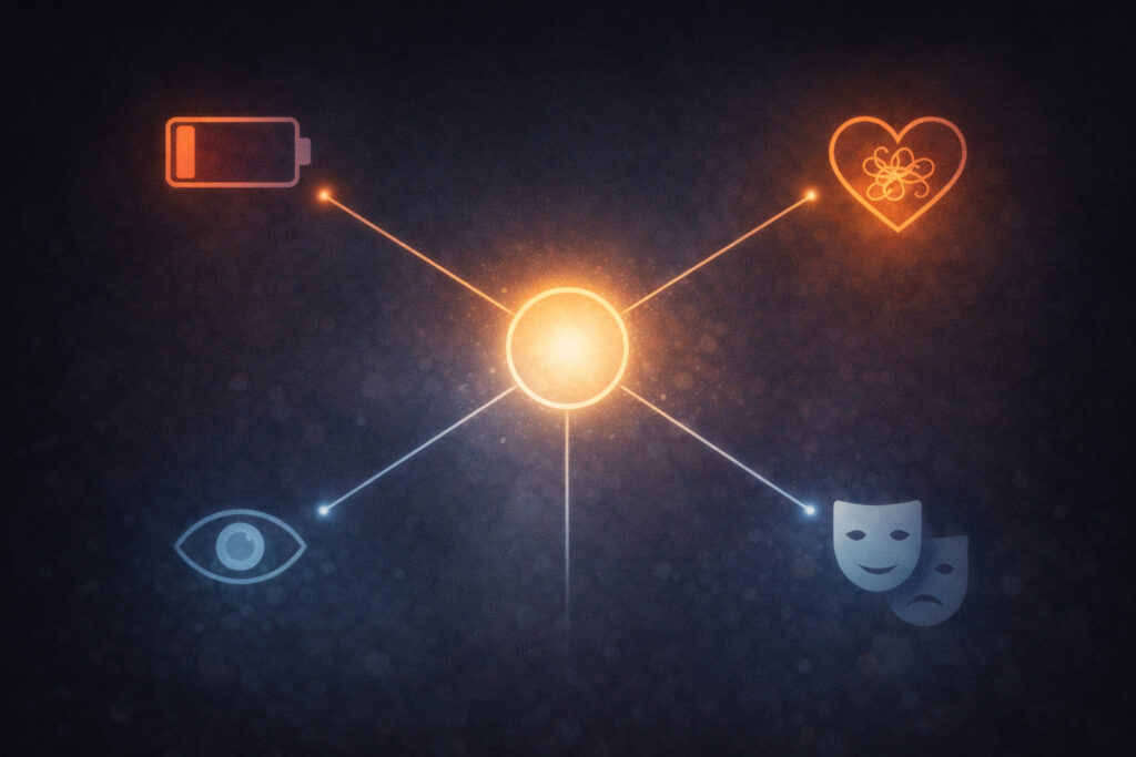 Mapa visual minimalista: un nodo central con ramificaciones hacia iconos de fatiga (batería baja), ansiedad, vigilancia (ojo) y desempeño (máscara), representando el impacto psicológico de la exposición.