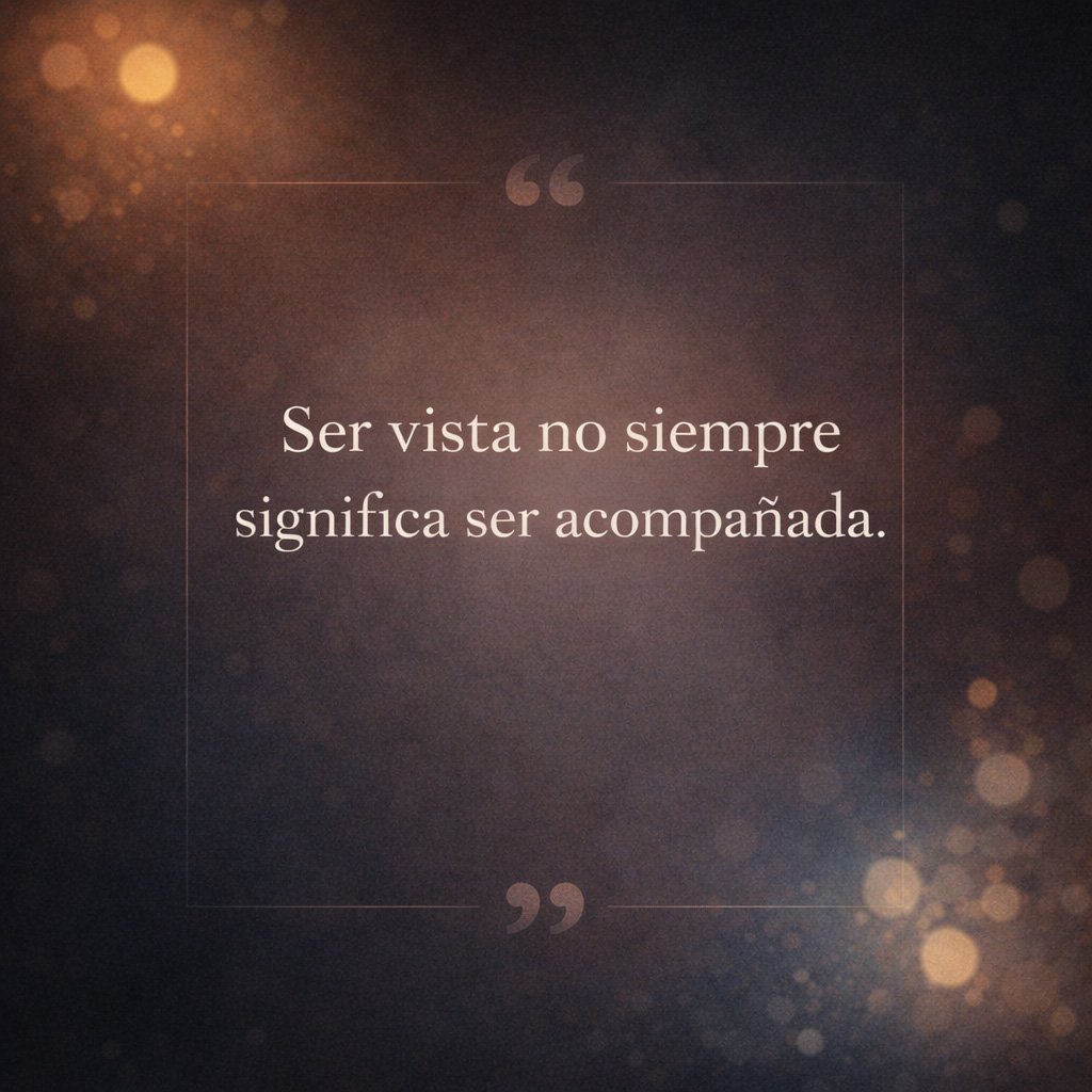 Tarjeta de cita minimalista con fondo oscuro y textura sutil que muestra la frase: “Ser vista no siempre significa ser acompañada.”