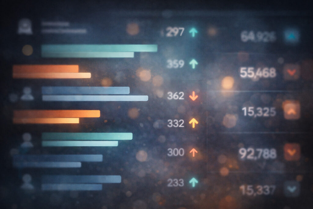 Interfaz abstracta tipo ranking: barras de progreso y flechas ascendentes y descendentes con números desenfocados, representando la presión de las métricas en tiempo real.