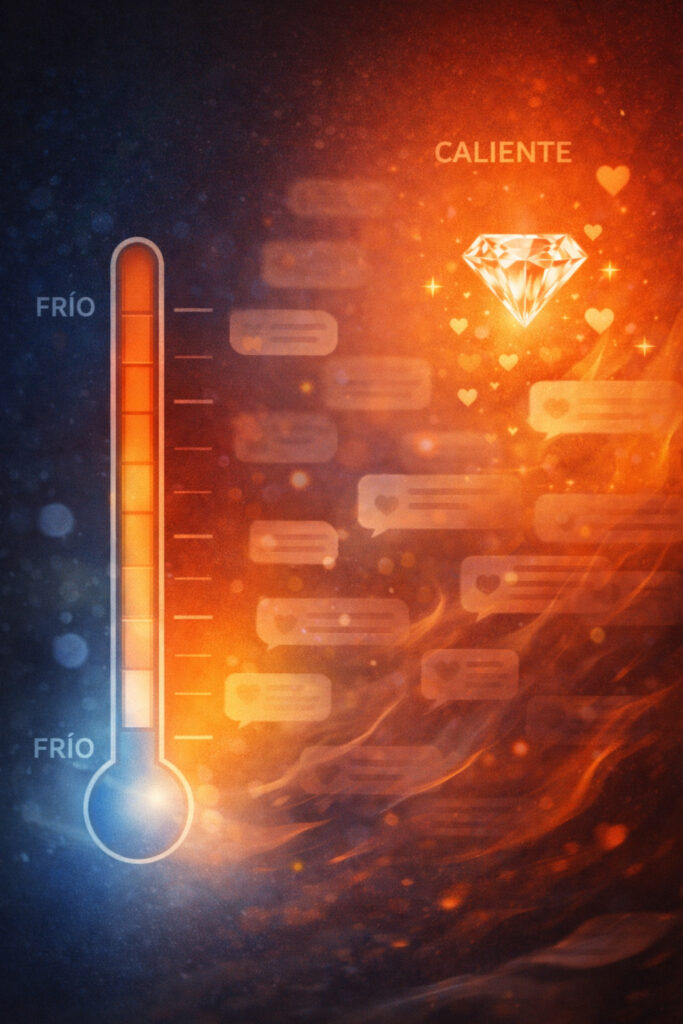 Visual conceptual: un termómetro y burbujas de chat abstractas pasando de tonos fríos a cálidos alrededor de un diamante brillante, representando cómo un regalo grande cambia la energía de la sala.