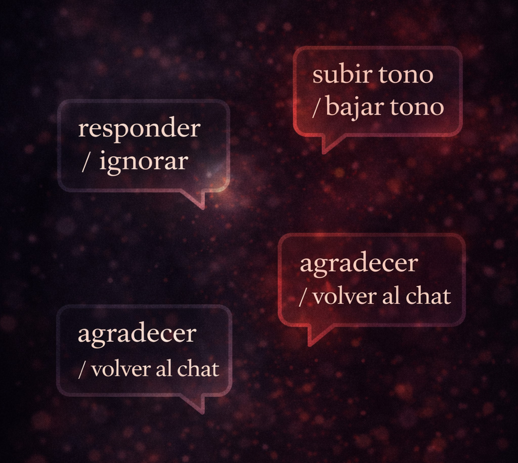 Burbujas de chat con micro-decisiones: responder o ignorar, subir o bajar tono, agradecer o volver al chat, límite o redirección