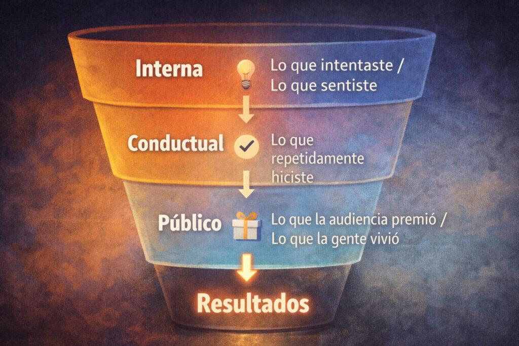 Embudo de mejora en streaming: Interna (lo que intentaste y sentiste) → Conductual (lo que repetidamente hiciste) → Público (lo que la audiencia premió) → Resultados.