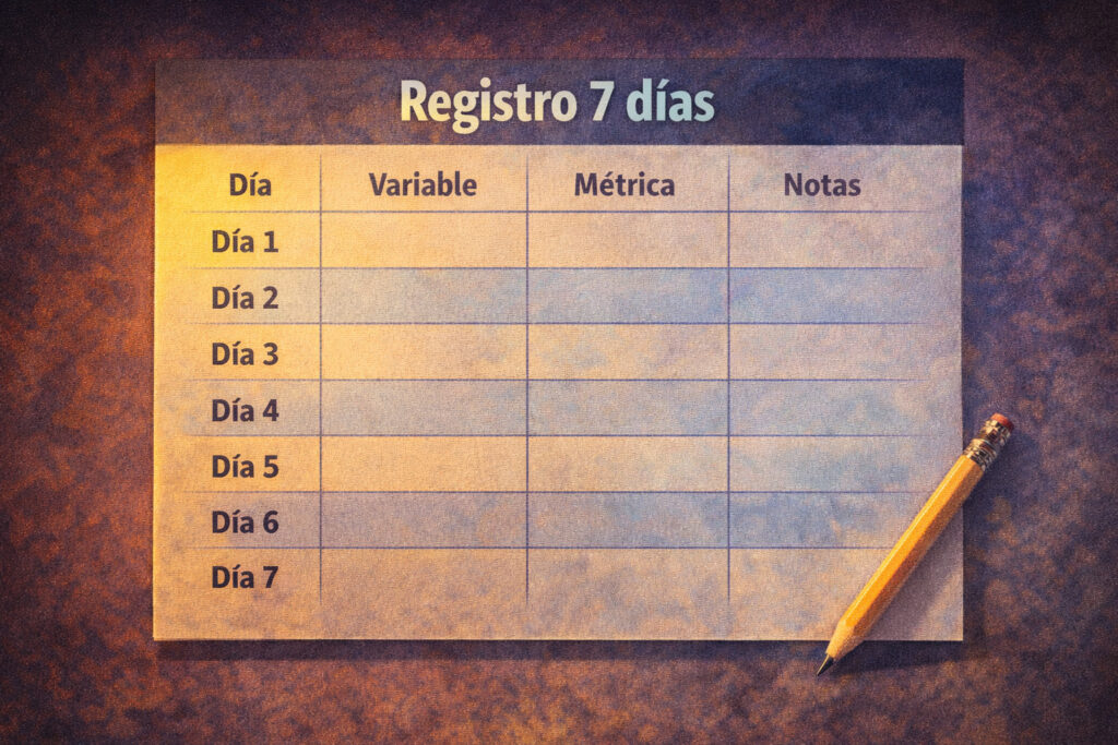 Tabla Registro 7 días para mejorar en streaming: día 1 al 7 con columnas Variable, Métrica y Notas, ideal para experimentar una sola variable y medir resultados.
