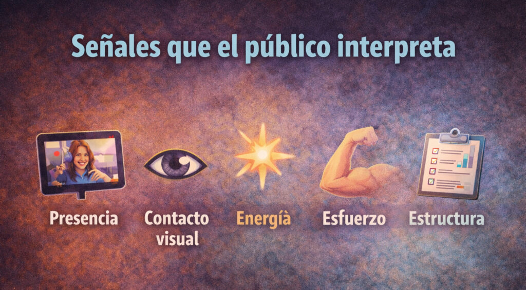Infografía: señales que el público interpreta en un directo—presencia, contacto visual, energía, esfuerzo y estructura—factores que influyen en retención de audiencia y engagement.