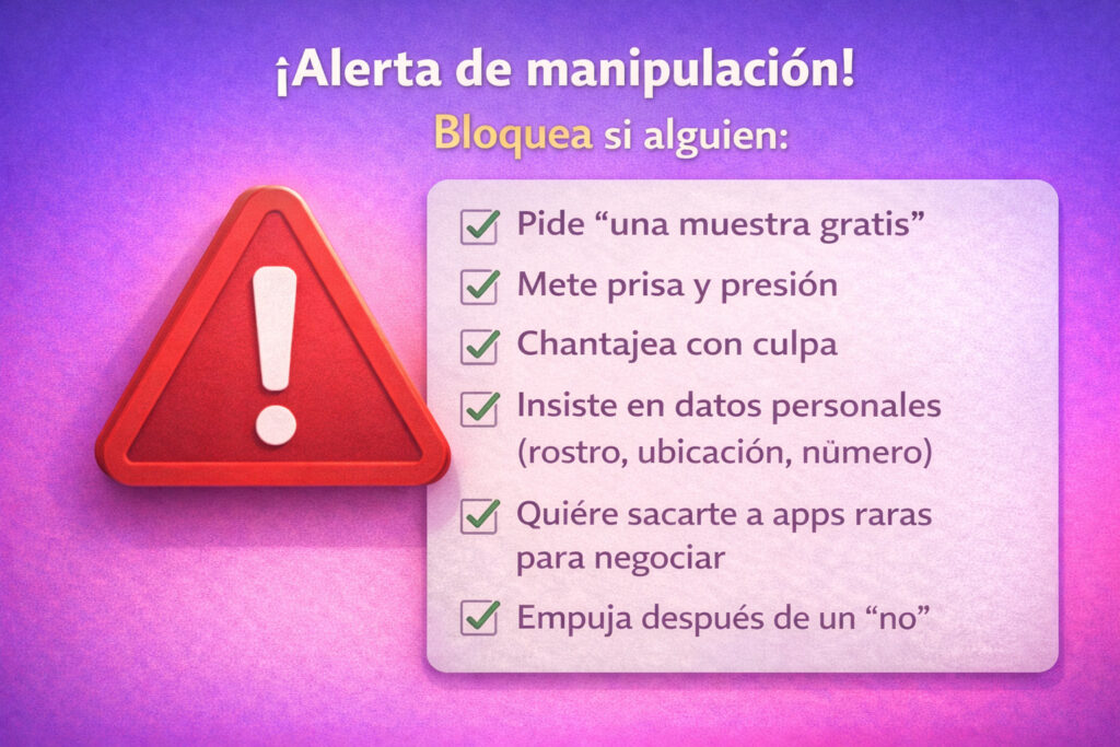 Señales de presión y manipulación en chats de transmisiones en vivo: pedir muestras gratis, meter prisa, chantajear con culpa, insistir en datos personales y empujar límites después de un no.