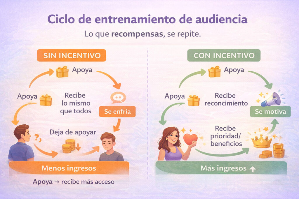 Infografía del ciclo de entrenamiento: apoyo sin recompensa lleva a menos regalos; apoyo con reconocimiento y beneficios crea motivación y repetición.