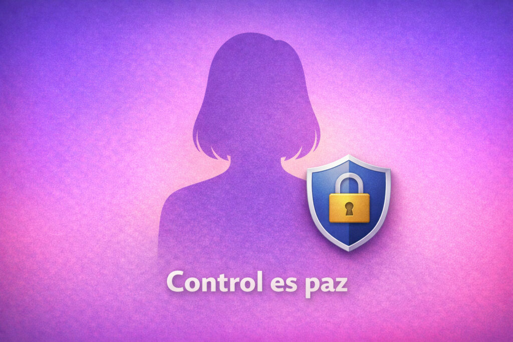 Ilustración final sobre límites y privacidad para creadoras: silueta minimalista con escudo y candado, mensaje “Control es paz” y enfoque en sostenibilidad a largo plazo.