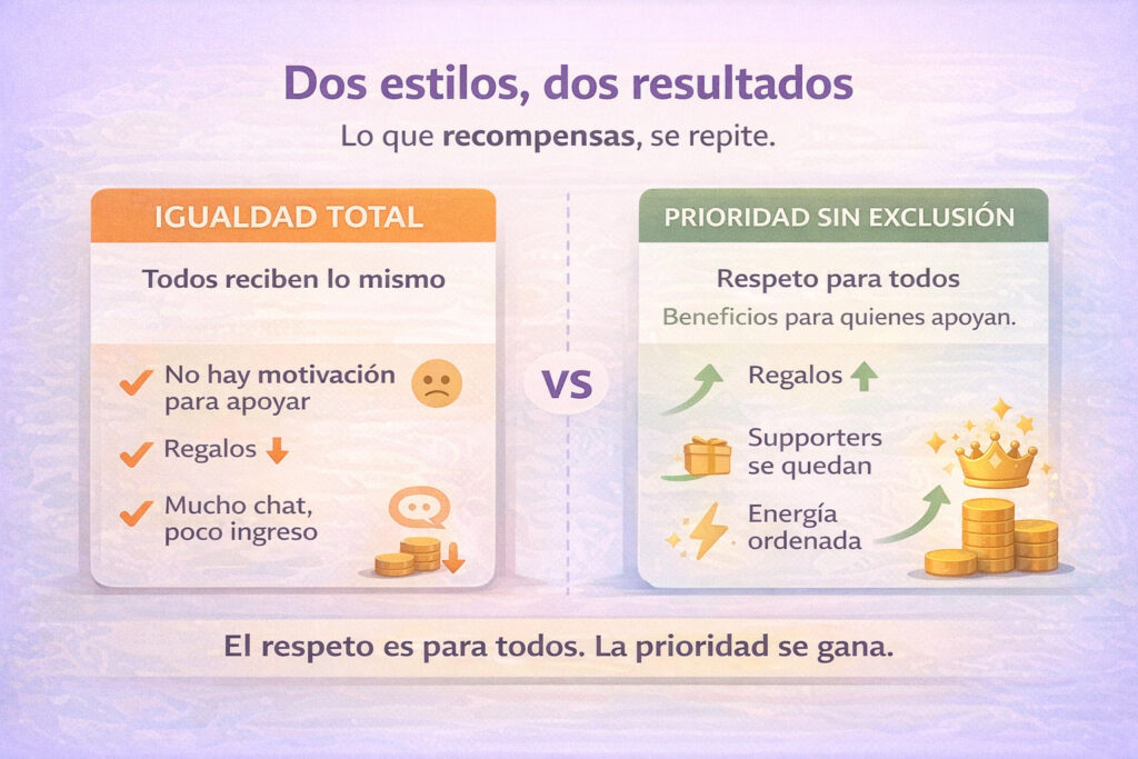 Comparación visual: ‘prioridad sin exclusión’ vs ‘igualdad total’; muestra cómo dar beneficios a supporters aumenta regalos sin perder respeto con el resto.