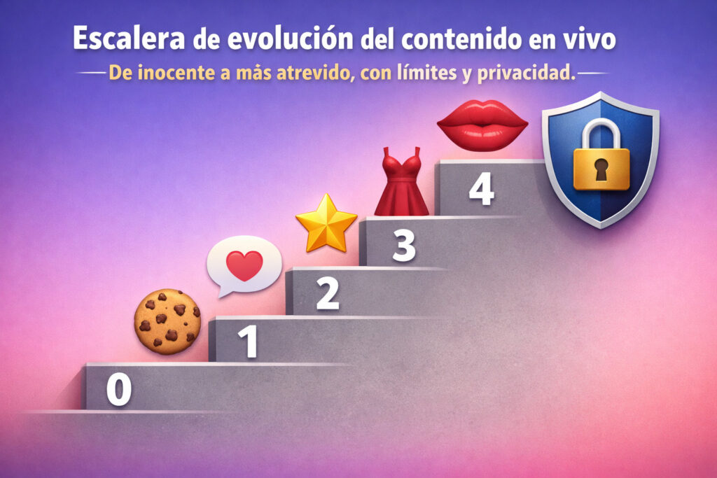 Escalera de evolución del contenido en vivo: niveles del 0 al 4 para pasar de un live inocente a uno más atrevido con límites, privacidad y control.