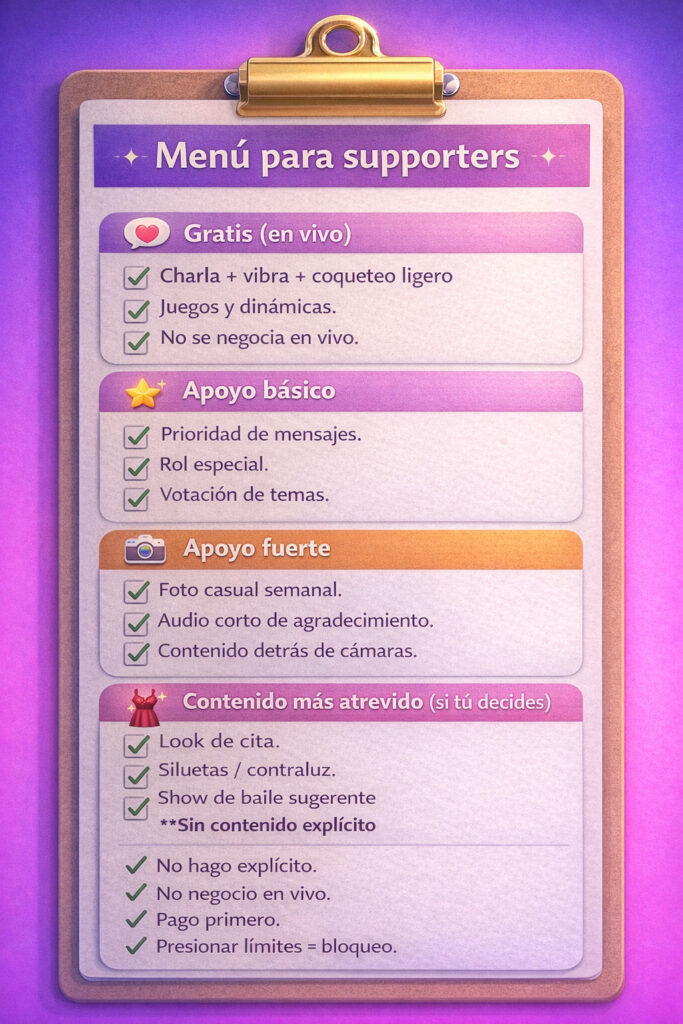 Menú por niveles para monetizar un live: gratis en vivo, apoyo básico, apoyo fuerte y contenido más atrevido con reglas claras al final (no explícito, no negociar en vivo, pago primero).