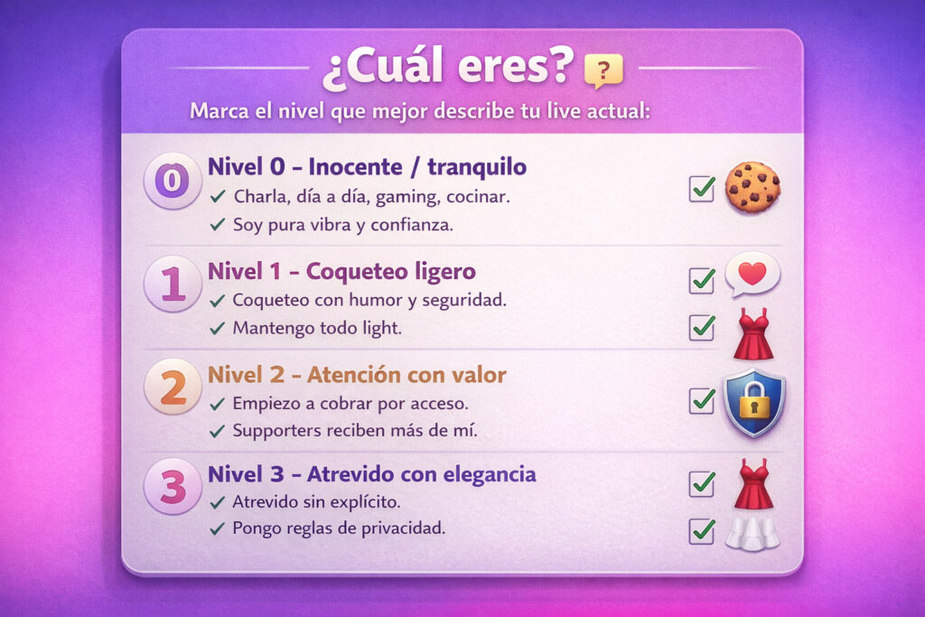 Checklist con 5 niveles para identificar tu etapa actual como streamer: desde contenido inocente y charla hasta un enfoque más atrevido con límites y privacidad.