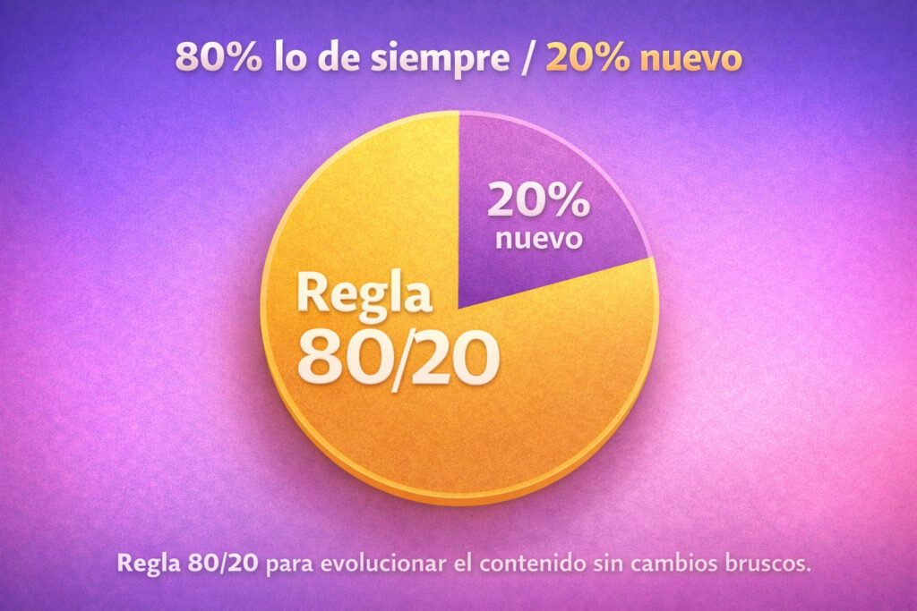 Gráfico de la regla 80/20: mantén 80% de tu estilo de siempre y agrega 20% de novedades para evolucionar tu live sin cambios bruscos.