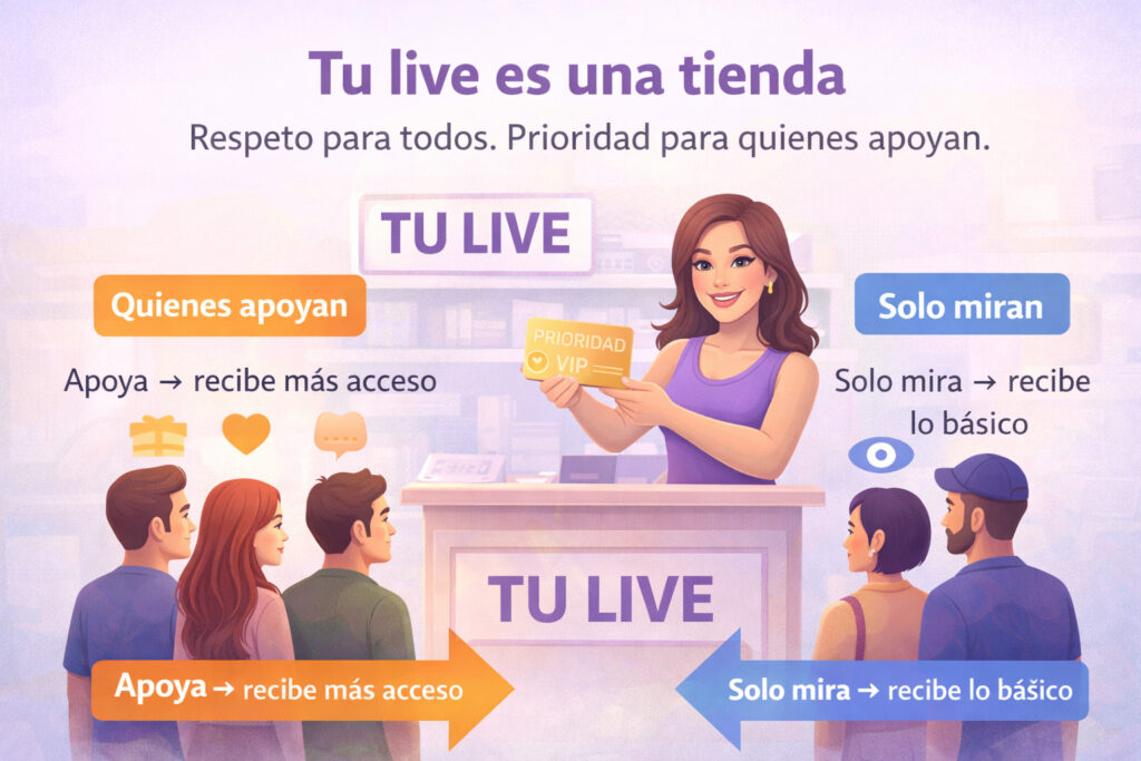 Ilustración tipo negocio: una streamer en su “tienda” (el live) con dos tipos de público: quienes apoyan y quienes solo miran, mostrando que el respeto es para todos pero la prioridad es para quienes sostienen el canal.