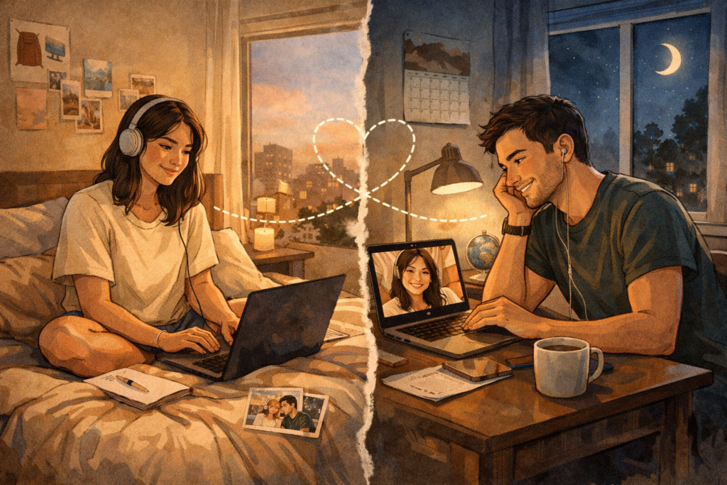 Pareja en videollamada manteniendo una conexión cercana a pesar de la distancia.
