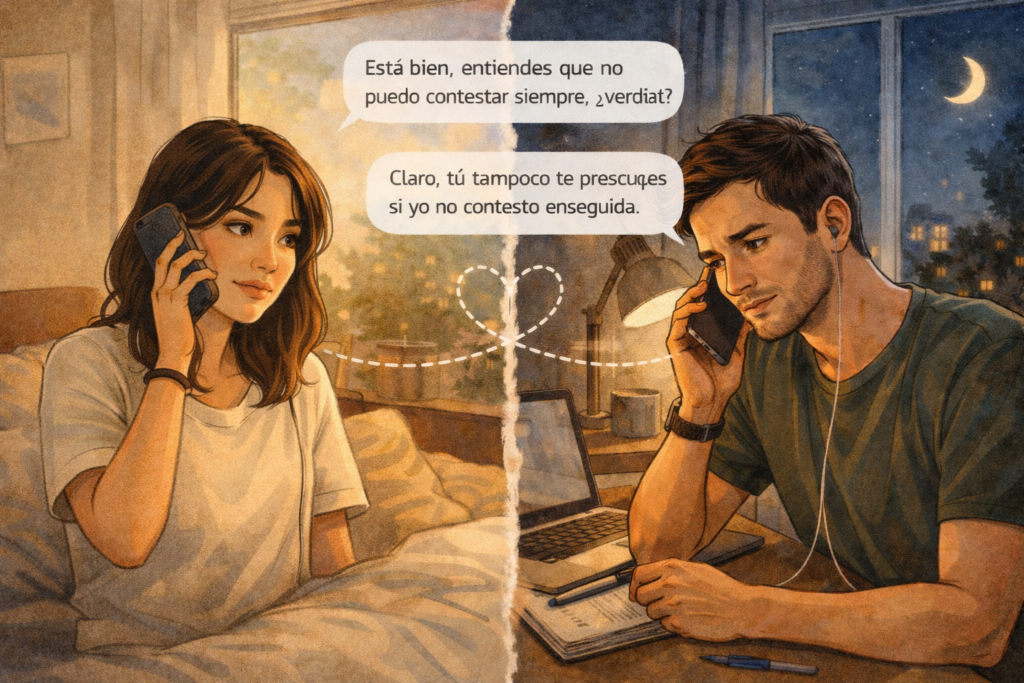 Dos personas hablando por videollamada con atención real, sin sensación de vigilancia ni ansiedad.