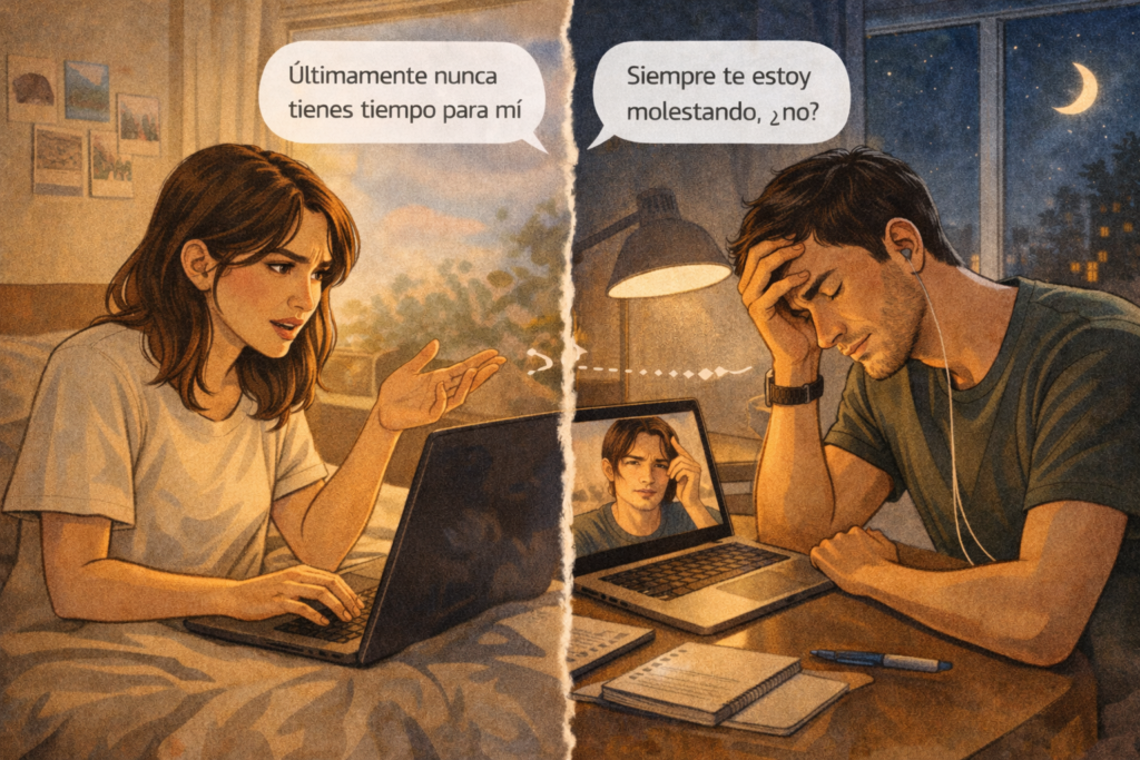 Pareja resolviendo una conversación difícil a distancia con calma y honestidad.